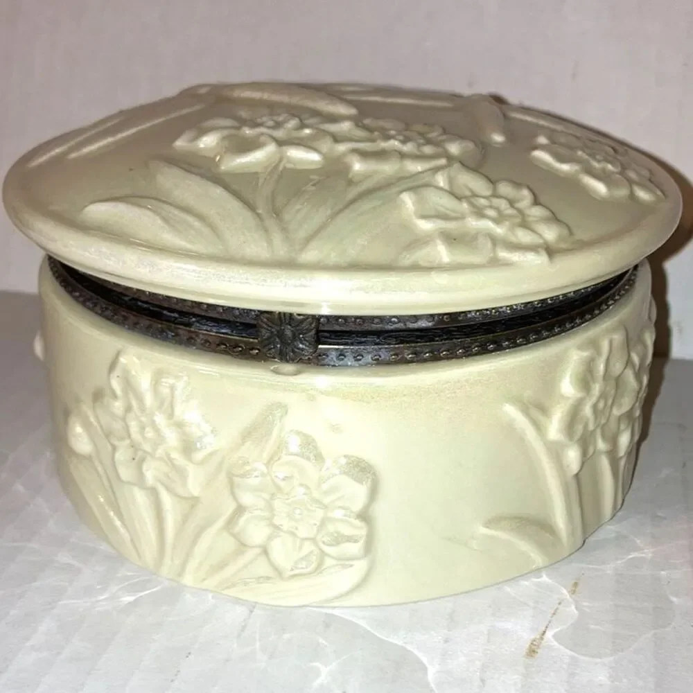 DRAGONFLIES Trinket Jewelry Box 3D Flowers Hinged Mirror Iridescent 5 x 2.5 inch